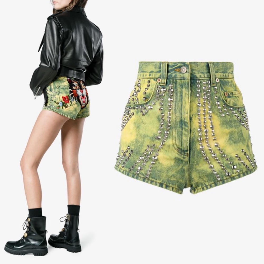 Gucci Washed Studded And Tiger Embroidered Denim Shorts in Green/Yellow - Picture 13 of 13